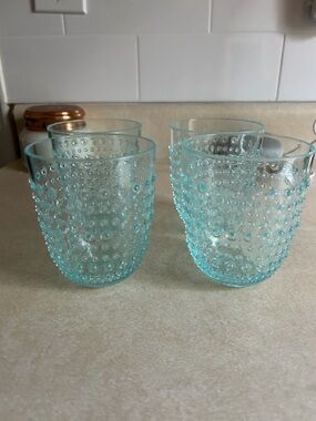Crate&Barrel Aqua Textured Hobnail Glass Tumblers - Set of 4